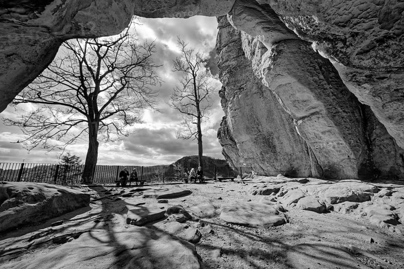 Natural arch Kuhstall am Neuer Wildenstein, natural wonder, national park, hiking destination, rock formation, b/w photo, black and white, Elbe Sandstone Mountains, Saxon Switzerland, Bad Schandau, Saxony, Germany