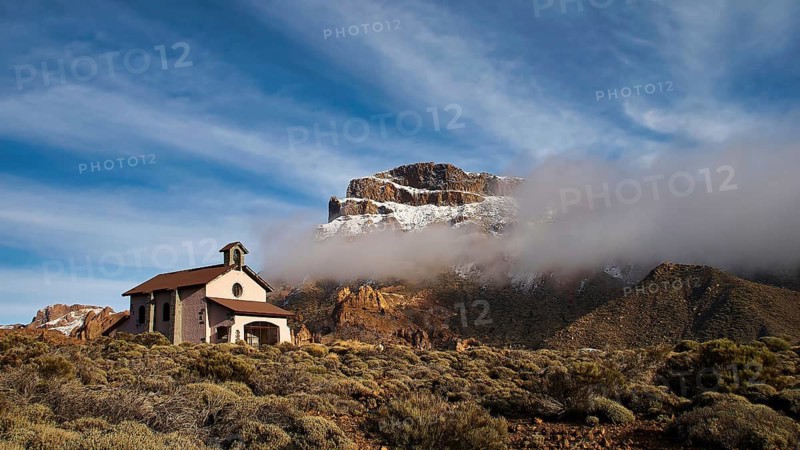 Ermita de las Nieves, church with mountain backdrop and impressive clouds, Teide, Parque Nacional del Teide, Teide National Park, volcano, volcanism, UNESCO World Heritage Site, Tenerife, Canary Islands, Spain
