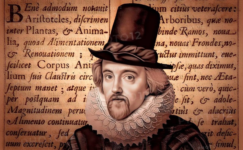 Portrait of Sir Francis Bacon, 1561 - 1626, English lawyer, statesman, essayist, historian, intellectual reformer, philosopher and scientist, text from his book ‘Historia vitae et mortis‘