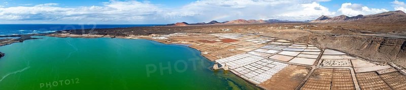 Salt mining plant, Salinas de Janubio with green Laguna de Janubio, near Yaiza, aerial view, Lanzarote, Canary Islands, Spain