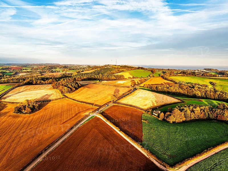 Colours of Devon Farms and Fields over Berry Pomeroy from a drone, Totnes, England, United Kingdom
