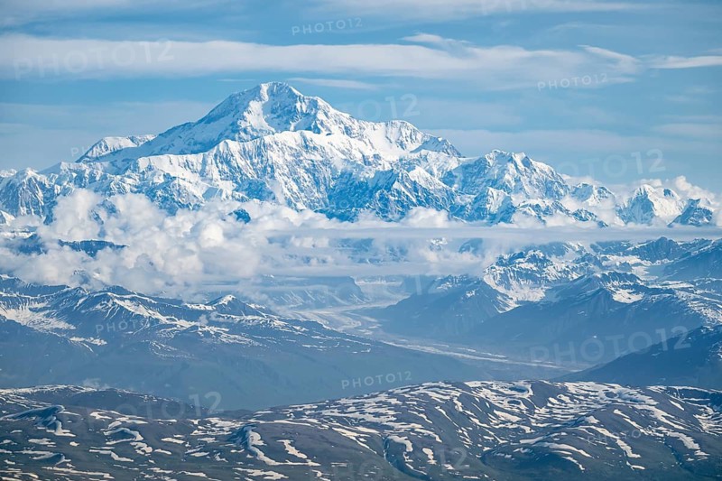 Clouds over high mountains, Mt Denali or Mount McKinley, aerial view, Alaska Range, Denali National Park, Alaska, USA