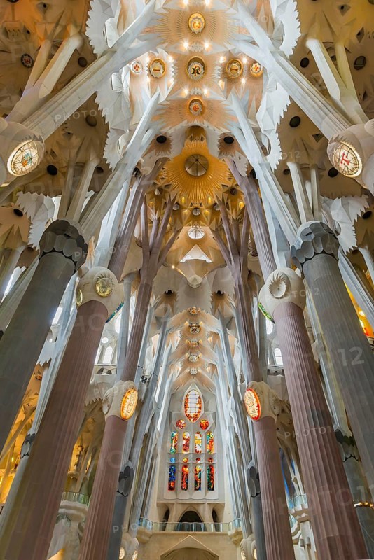 Interior view of the Familia Sagrada by the architect Antonio Gaudi in Barcelona, Spain