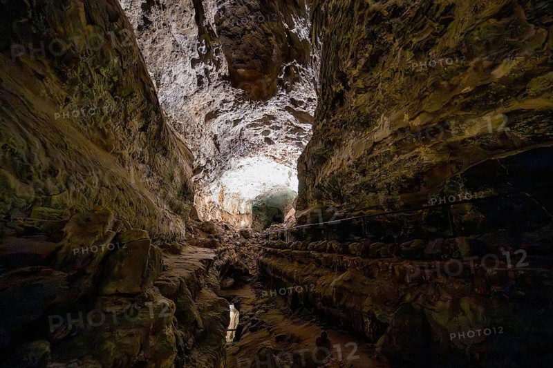 Underground cave formed by lava flow, illuminated lava cave, Cueva de los Verdes, Lanzarote, Canary Islands, Spain