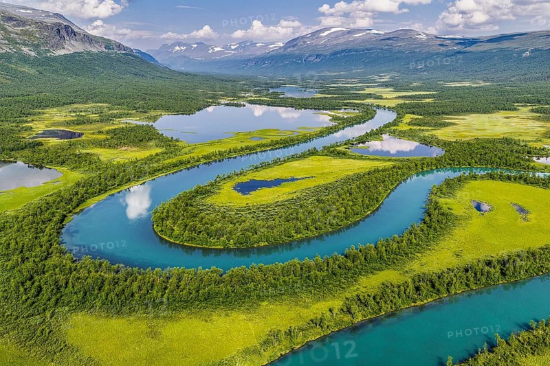 Aerial view of river Vistasjohka, branching river arms, turquoise colored river, Vistasvagge valley, Nikkaluokta, Norrland, Sweden