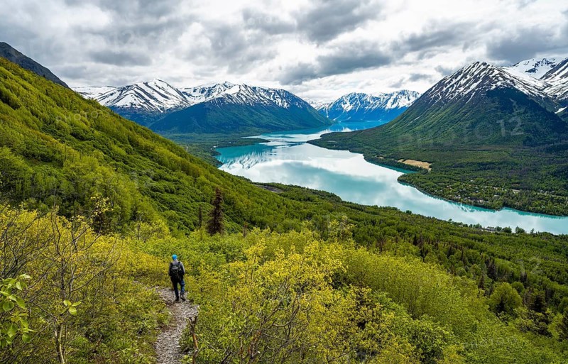 Climbers on a hiking trail, Slaughter Ridge Trail, view of snowy mountains in spring and turquoise blue Kenai Lake Lake, Cooper Landing, Kenai Peninsula, Alaska, USA