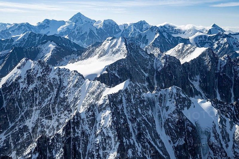 Snow and ice, epic mountains with glaciers, aerial view, Alaska Range, Denali National Park, Alaska, USA