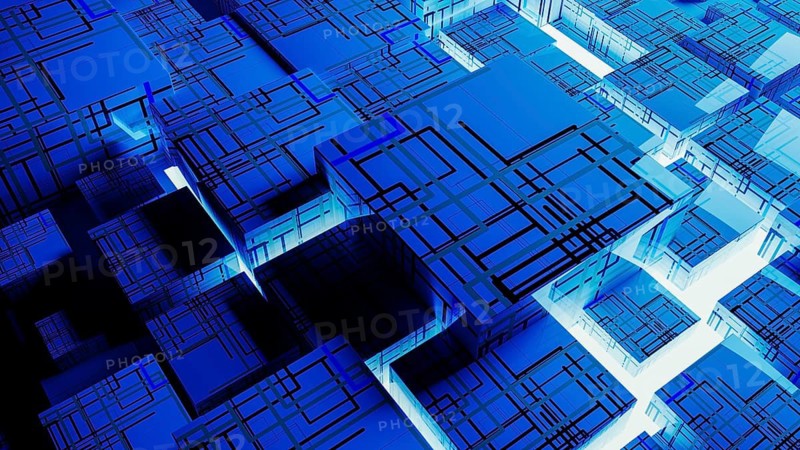 Vibrant abstract background showcases interconnected cubes, representing technology and data in a digital landscape