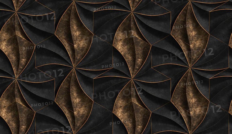 3D expensive wallpaper of architectural modules is black and brown with red gold frayed edges. Realistic seamless texture of high quality