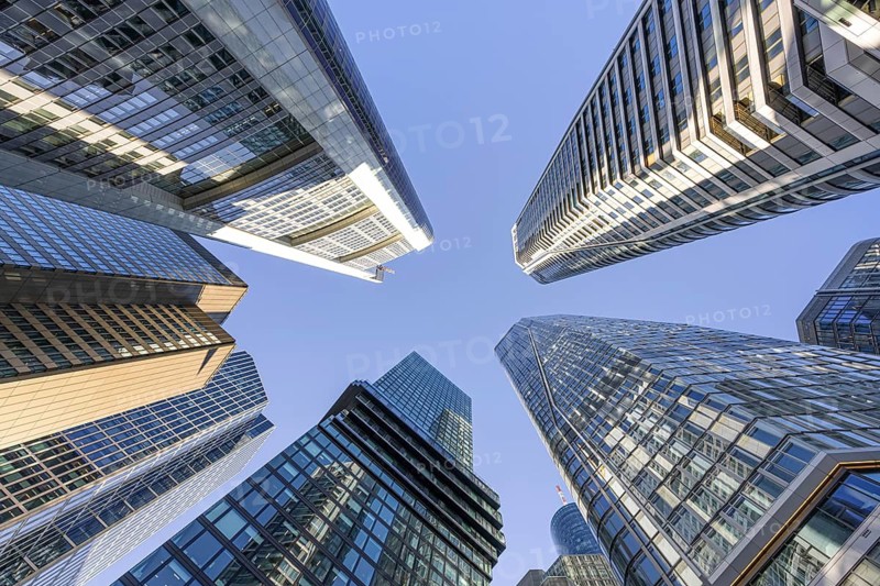 The skyscrapers of Frankfurt's skyline rise far into the sky, Frankfurt am Main, Hesse, Germany