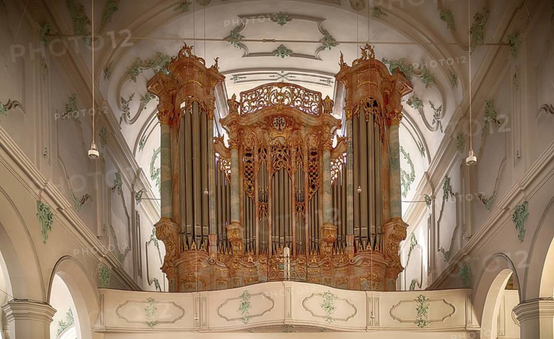 Interior view, main organ, organ gallery, St. Stephen's Protestant Church, Lindau, Bavaria, Lake Constance, Germany