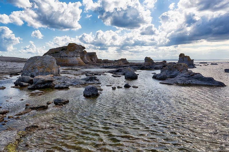 Raukar in the former Gamle Hamn or Gamla Hamn harbour basin, coastline, Fårö island, Gotland, Baltic Sea, Sweden