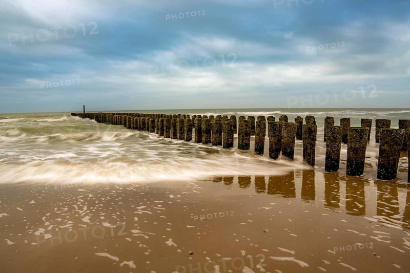 Coastal protection, through wooden posts, paalhoofden, on the beach, breakwater, the piles, some of which are rammed into the sandy soil in double rows, slow down the waves and ocean currents and thus slow down the flow rate of seawater, so less sand is washed away from the stand, near Domburg, Walcheren peninsula in the Dutch province of Zeeland