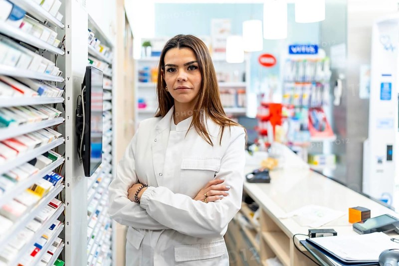 Young female pharmacist in a white coat stands confidently with arms crossed by stocked shelves and counter in a bright modern pharmacy, conveying professionalism and care