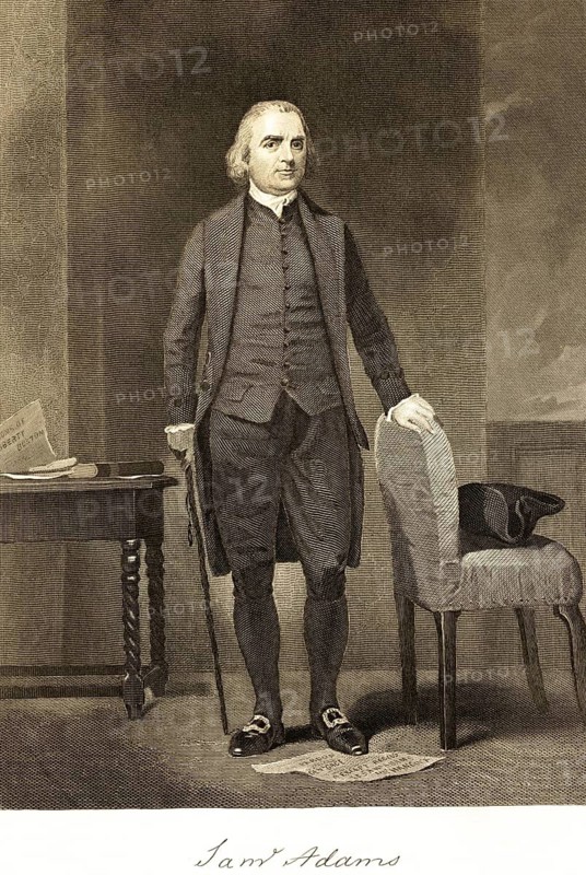 Samuel Adams (17221803) statesman, one of the founding fathers of the United States, portrait of famous American, opponent of British colonial policy, colony, colonial power, Great Britain, governor of Massachusetts, USA, chair, table, standing, cane, book, waistcoat, signature, artist Alonzo Chappel, steel engraving, historical illustration 1862