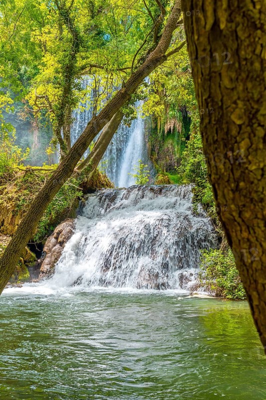 Beautiful landscape at La Caprichosa Waterfall in the Monasterio de Piedra Natural Park, Aragon, Spain