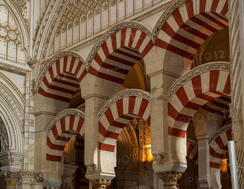 Interior view of the cathedral mosque of Cordoba (Mezquita-Catedral), with characteristic Moorish arches, Cordoba, Andalusia, Spain