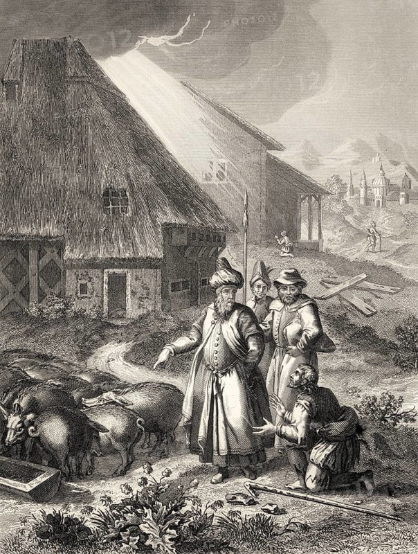 The Parable of the Prodigal Son, swineherd, New Testament, steel engraving 1853, digitally restored