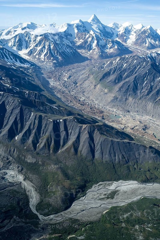 Melted glacier, glacier bed, aerial view, Alaska Range, Denali National Park, Alaska, USA