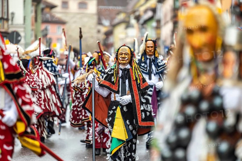 The highlight of the Swabian-Alemannic carnival is the fool's jump in Rottweil. Around 4000 fools jump through the historic Black Gate. Only fools with the certified original Rottweiler fool dress may participate. Rottweil, Black Forest, Baden-Württemberg, Germany