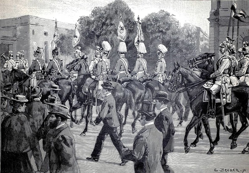 Picking up the standards from the Royal Palace in Berlin for the spring parade, 1896, Germany, illustration, reproduction from a model from the 19th century. Authentic, file restored for optimal use, exact date of submission unknown, historical, soldiers on horses in formal parade through a busy street