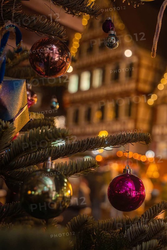 Shimmering Christmas baubles decorate the branches of a tree in front of festively illuminated houses, Christmas market Calw, Black Forest, Germany