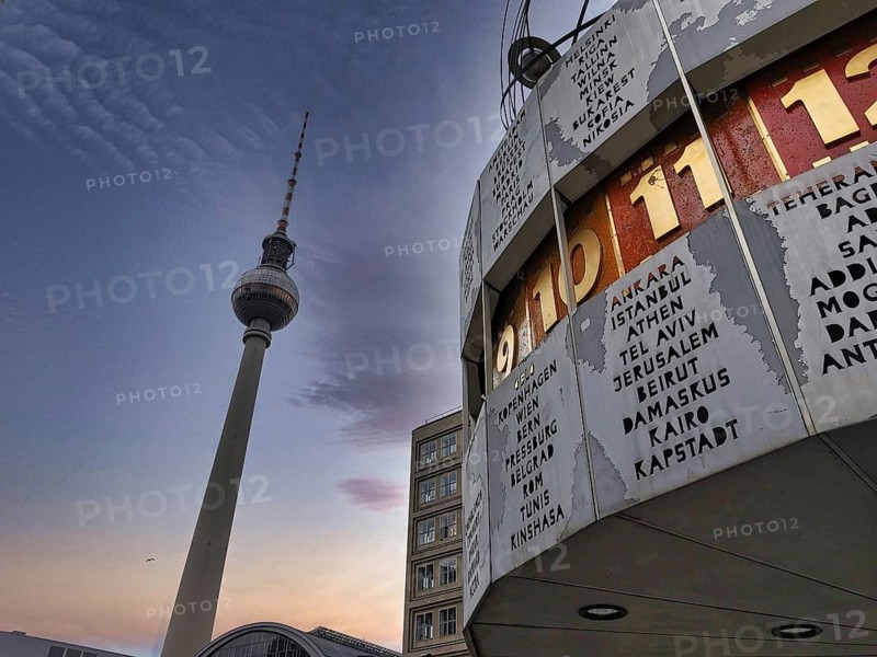 Gentle dusk over the Berlin World Clock and the Berlin TV Tower at Alexanderplatz, Alex, Mitte, Berlin