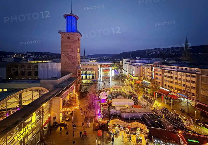View of the town hall tower with the Christmas market from a Ferris wheel gondola, Hagen, Ruhr area, North Rhine-Westphalia, Germany