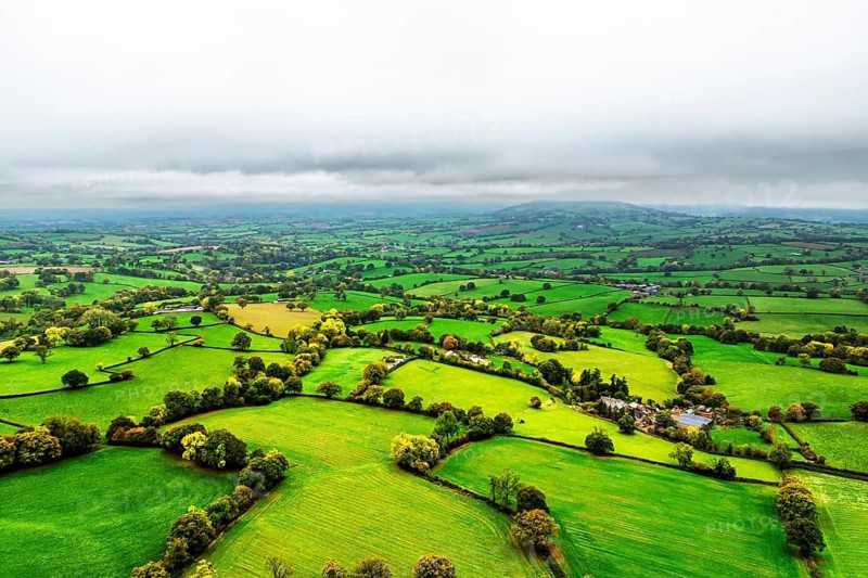 Autumn colours over Wales Farms and Fields from a drone, Grosmont, Abergavenny, Monmouthshire, Wales, UK