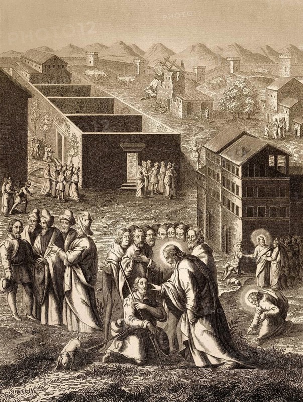 Healing the man blind from birth, New Testament, steel engraving 1853, digitally restored