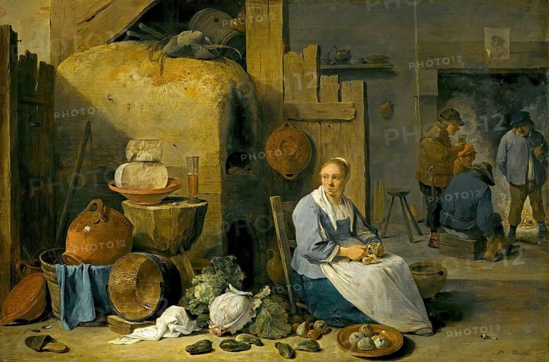 Interior view of a barn with a maid preparing vegetables (1643), painting by David Teniers (baptised 15 December 1610 in Antwerp, died 25 April 1690 in Brussels), Flemish painter, draughtsman and curator. He was an innovator in a variety of genres such as history painting, genre painting, landscape, portrait and still life. He is most remembered today as the leading Flemish genre painter of his time, reproduction from a 17th century painting. Authentic, file restored for optimal use, exact date of original unknown