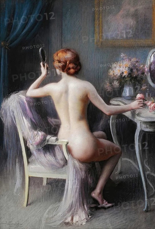 French Nu Feminin, is a well-known work by the French academic painter Delphin Enjolras (1857-1945) . A depiction of a lightly dressed romantic woman in an interior sitting on a chair at a dressing table and looking into a hand mirror, illustration, reproduction from a painting. Authentic, File restored for optimal use, Exact date of original unknown, Historic, A woman looking at herself naked in a mirror in a subtly lit, romantic setting