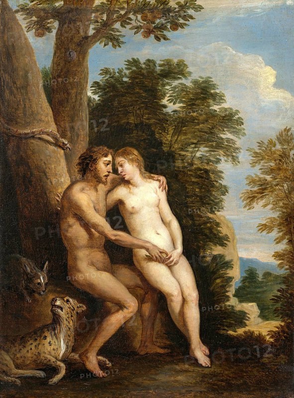 Adam and Eve in Paradise (1650s), painting by David Teniers (baptised 15 December 1610 in Antwerp, died 25 April 1690 in Brussels), Flemish painter, draughtsman and curator. He was an innovator in a variety of genres such as history painting, genre painting, landscape, portrait and still life. He is most remembered today as the leading Flemish genre painter of his time, reproduction from a 17th century painting. Authentic, file restored for optimal use, exact date of original unknown
