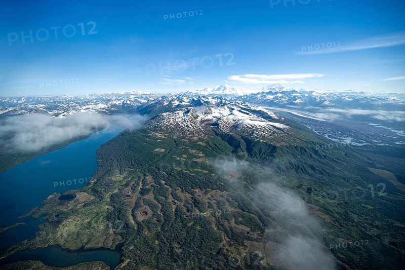 Chelatna Lake, Mt Foraker and Mt Denali or Mount McKinley, aerial view, Alaska Range, Denali National Park, Alaska, USA