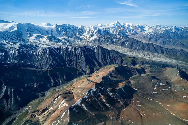 Melted glacier, glacier bed, aerial view, Alaska Range, Denali National Park, Alaska, USA