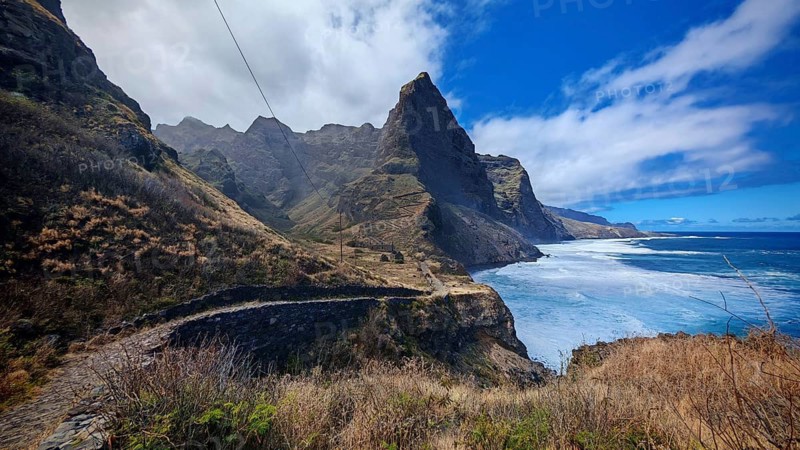 Impressive coastline along mountains with ocean views, hiking, Marinha da Cruzinha Natural Park, Santo Antao, Cabo Verde, Cape Verde, Cape Verde