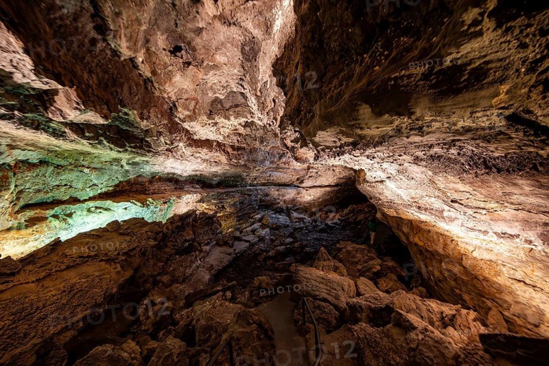 Underground cave formed by lava flow, illuminated lava cave, Cueva de los Verdes, Lanzarote, Canary Islands, Spain