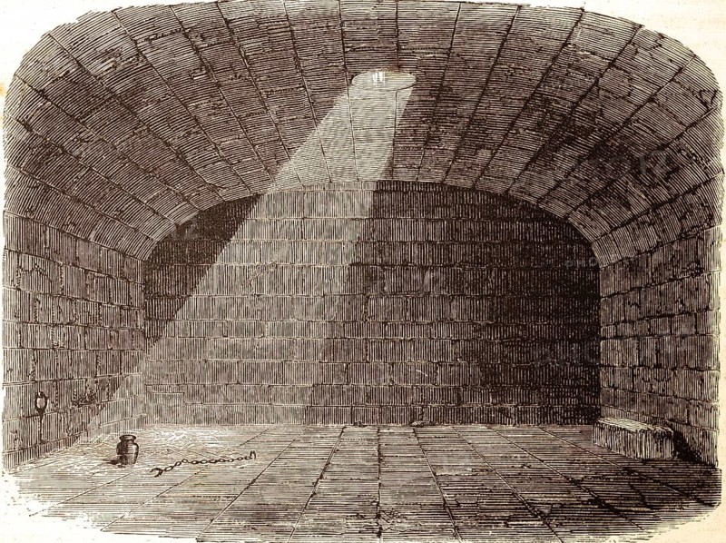 Upper cell of the Mamerrine prison in Rome, Paul, Hebrew chapter 9, verse 36, letter, Hebrews, empty cellar, pitcher, dungeon, ray of light, stone building, Bible, New Testament, historical illustration 1850