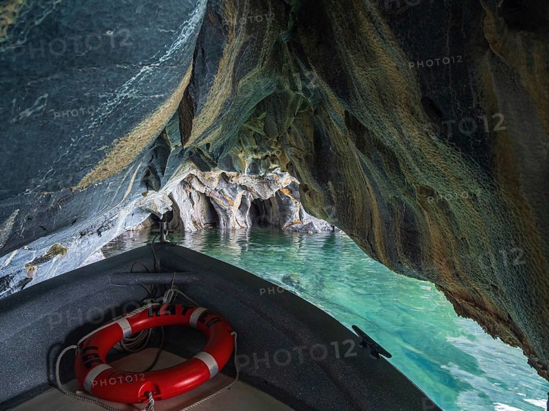 Excursion boat inside the marble caves, Puerto Sanchez, lake Lago General Carrera, Chile
