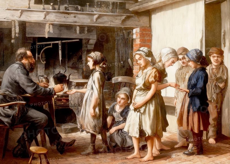 Historical illustration, compensation or payment for child labor, children receiving wages, England, 19th Century