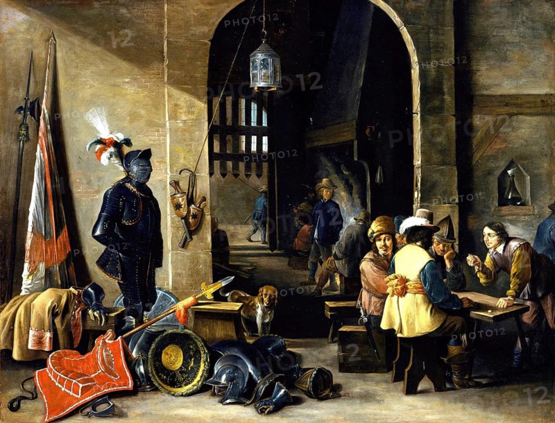 Soldiers Playing Dice, painting by David Teniers (baptised 15 December 1610 in Antwerp, died 25 April 1690 in Brussels), Flemish painter, draughtsman and curator. He was an innovator in a variety of genres such as history painting, genre painting, landscape, portrait and still life. He is most remembered today as the leading Flemish genre painter of his time, reproduction from a 17th century painting. Authentic, file restored for optimal use, exact date of original unknown