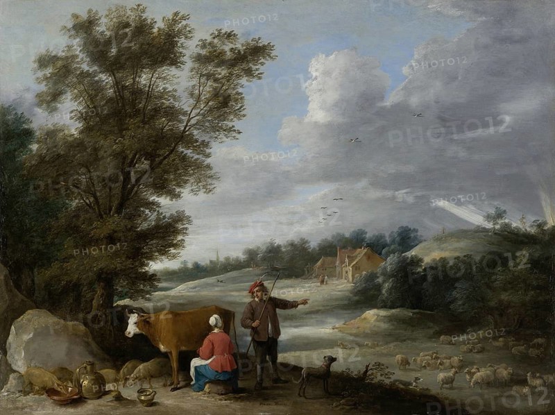 Landscape with Milkmaid and Shepherd (c. 1646), painting by David Teniers (baptised 15 December 1610 in Antwerp, died 25 April 1690 in Brussels), Flemish painter, draughtsman and curator. He was an innovator in a variety of genres such as history painting, genre painting, landscape, portrait and still life. He is most remembered today as the leading Flemish genre painter of his time, reproduction from a 17th century painting. Authentic, file restored for optimal use, exact date of original unknown