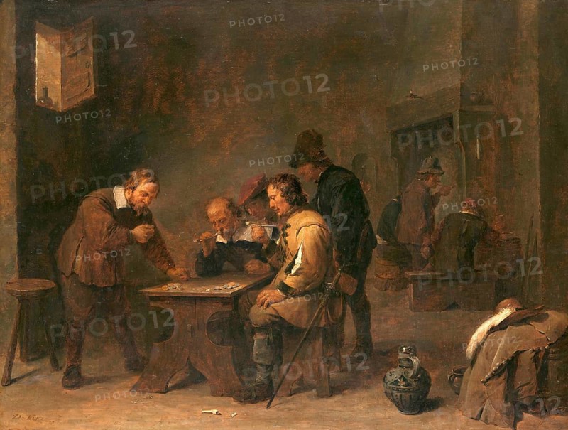 The Players (c. 1640), painting by David Teniers (baptised 15 December 1610 in Antwerp, died 25 April 1690 in Brussels), Flemish painter, draughtsman and curator. He was an innovator in a variety of genres such as history painting, genre painting, landscape, portrait and still life. He is most remembered today as the leading Flemish genre painter of his time, reproduction from a 17th century painting. Authentic, file restored for optimal use, exact date of original unknown