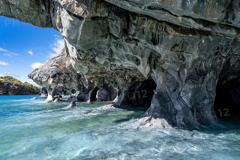Marble caves (Capillas de Mármol), eroded marble formations with turquoise-coloured water of Lago General Carrera, Patagonia, Chile