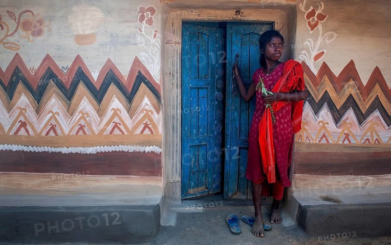 Teenage girl from the Santhal tribe, Sohraï art (Hazaribagh district, Jharkhand, India) . The Sohraï and Khovar art are art forms practised by the rural low caste and tribal women in the Hazaribagh district. Every october-november, they paint their house mud walls to welcome the harvest and celebrate the cattle. These paintings depict animals and plants of the surroundings in a simple way