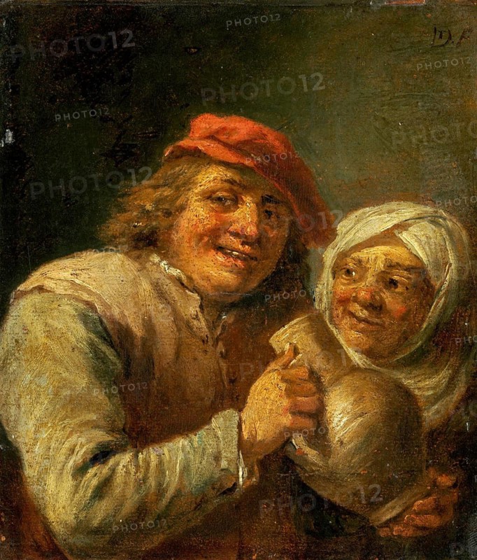 Old Man and Old Woman (1700s), painting by David Teniers (baptised 15 December 1610 in Antwerp, died 25 April 1690 in Brussels), Flemish painter, draughtsman and curator. He was an innovator in a variety of genres such as history painting, genre painting, landscape, portrait and still life. He is most remembered today as the leading Flemish genre painter of his time, reproduction from a 17th century painting. Authentic, file restored for optimal use, exact date of original unknown