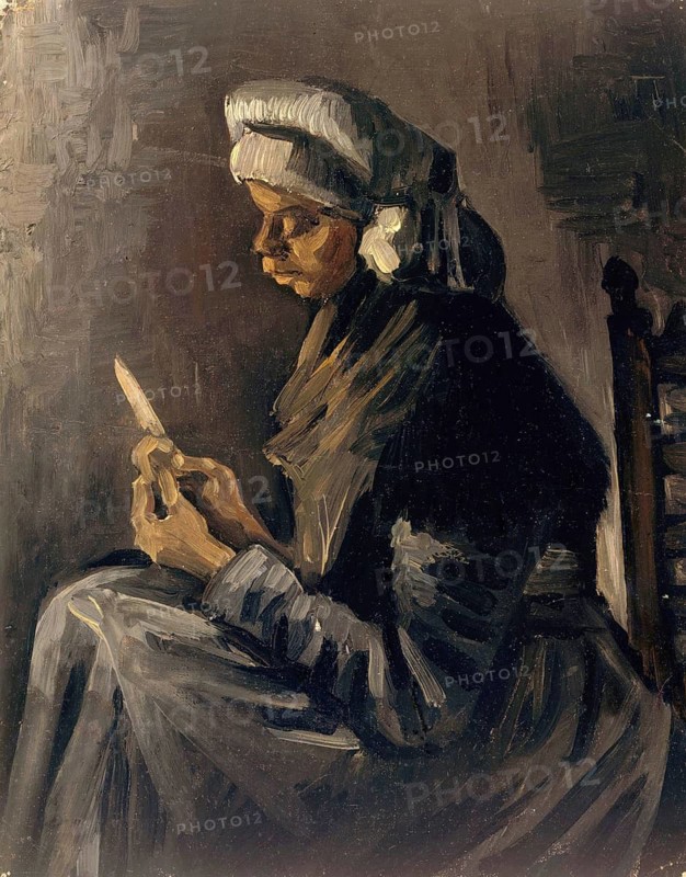 The Potato Peeler (1885), The Potato Peeler (1885), Painting by Vincent Willem van Gogh (born 30 March 1853 in Groot-Zundert, died 29 July 1890 in Auvers-sur-Oise), Dutch painter and draughtsman, one of the founders of modern painting, Illustration, Reproduction from a painting. Authentic, exact date of original unknown, Historical, A woman knitting in a dark room, strongly inspired by Van Gogh