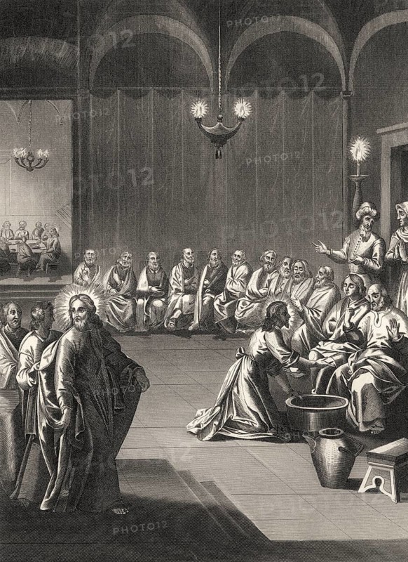Jesus Washes the Disciples' Feet, New Testament, steel engraving 1853, digitally restored