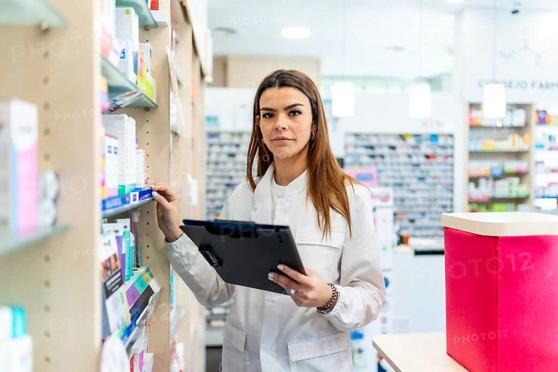 Pharmacist woman in white coat holding a clipboard, standing by shelves and checking inventory of health products and medication in a modern retail drugstore