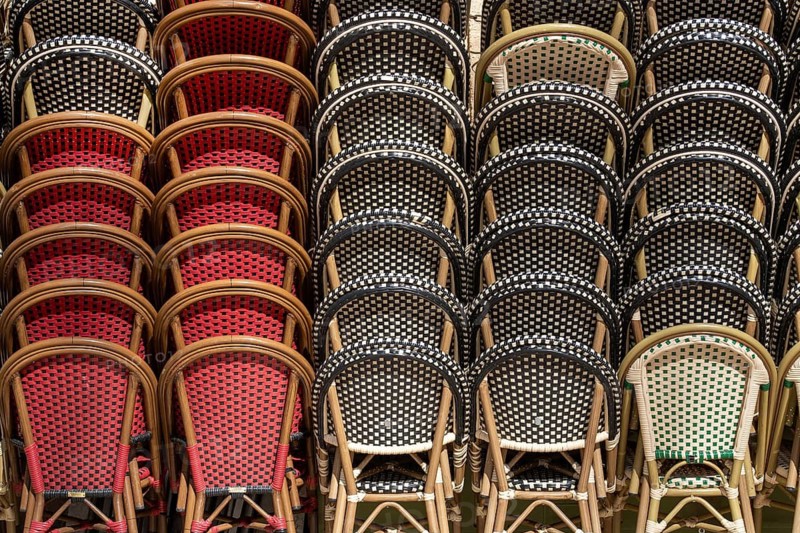 Chairs, chair, seating furniture, terrace, catering, coffee, religious, row, pile, spring, seating, plastic, blue, decor, red, abstract, many